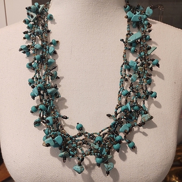 Multi Strand Handmade Turquoise and Bronze Beaded Necklace - Picture 4 of 12